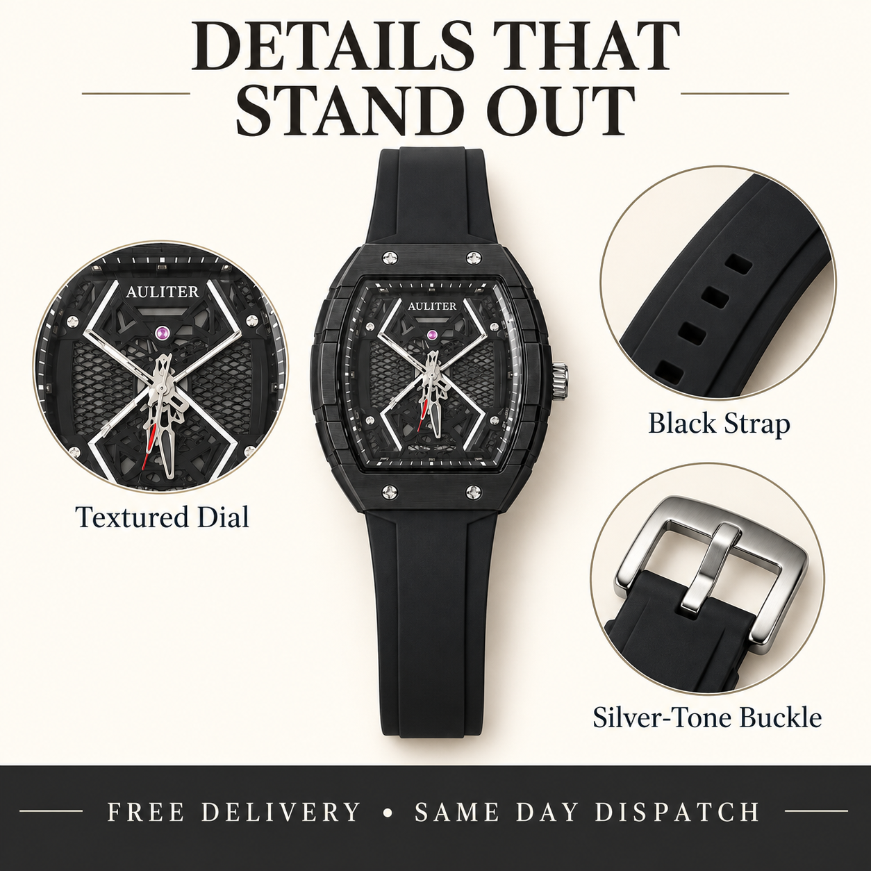 AULITER Black Analog Watch with Textured Dial & Black Strap