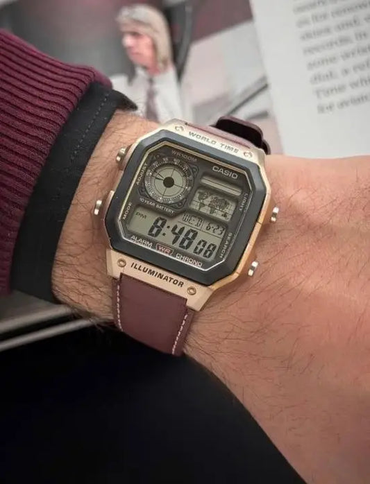 Vintage Style Digital Watch with Brown Strap & Bronze-Tone Case