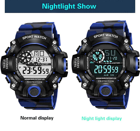 Blue Camo Digital Sports Watch with Black Case For Kids