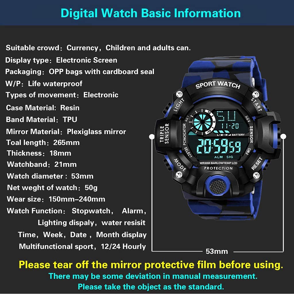 Blue Camo Digital Sports Watch with Black Case For Kids