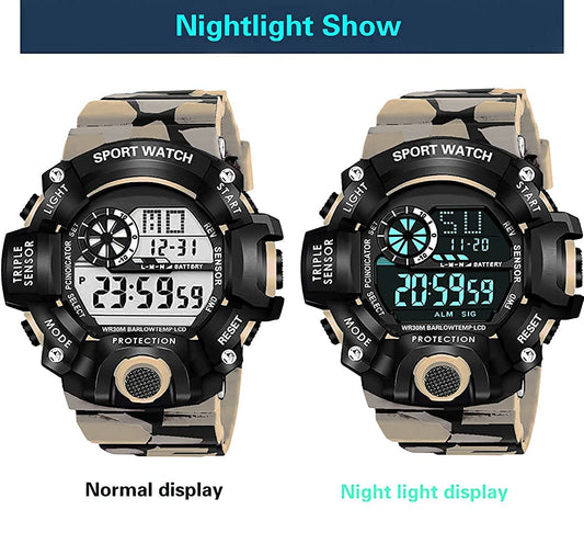Grey Camo Digital Sports Watch with Black Case For Kids