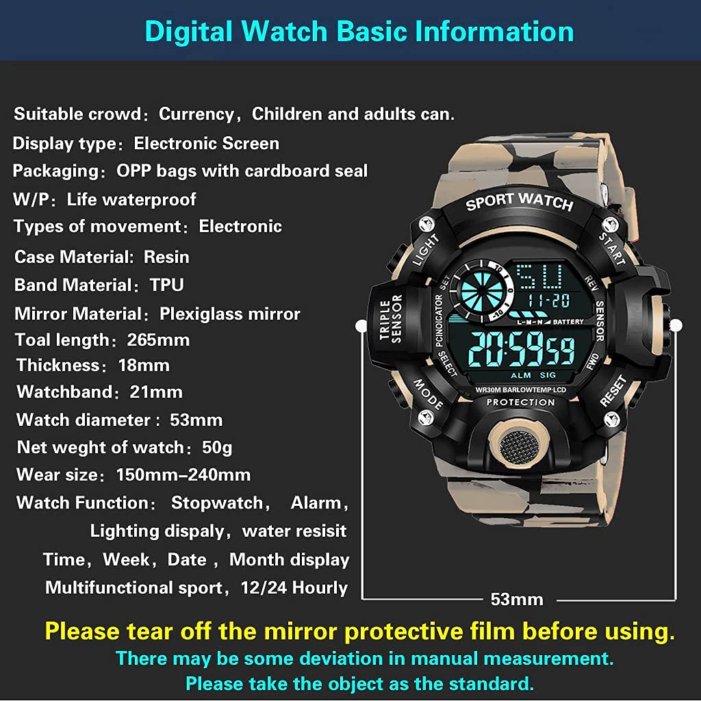 Grey Camo Digital Sports Watch with Black Case For Kids