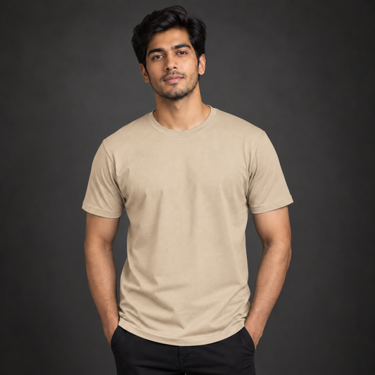 Men’s Premium Beige Regular-Fit Round Neck T-Shirt