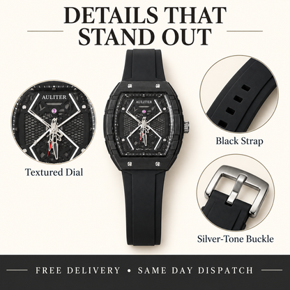 AULITER Black Analog Watch with Textured Dial & Black Strap