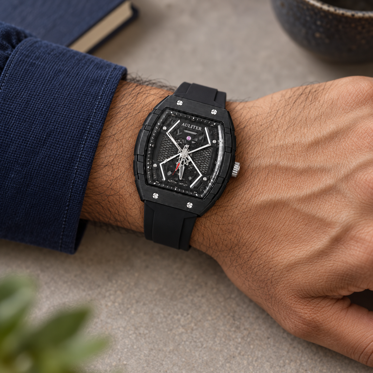 AULITER Black Analog Watch with Textured Dial & Black Strap