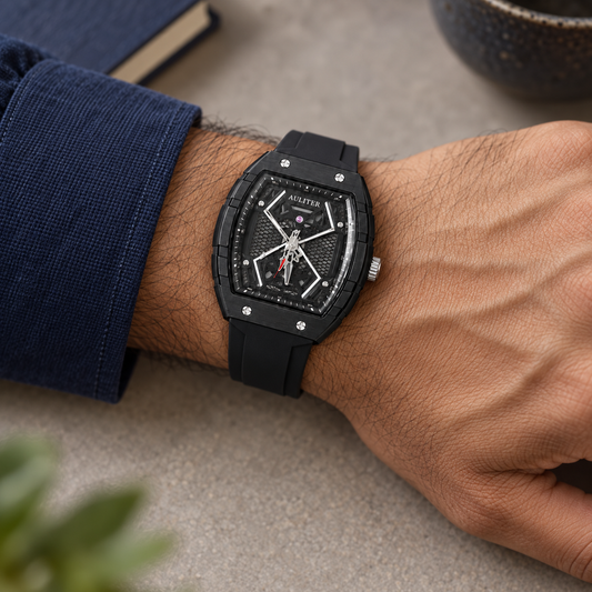AULITER Black Analog Watch with Textured Dial & Black Strap