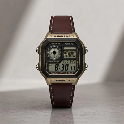 Vintage Style Digital Watch with Brown Strap & Bronze-Tone Case
