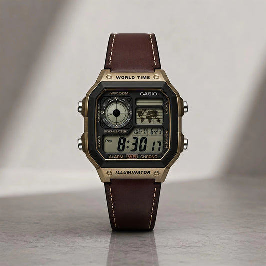 Vintage Style Digital Watch with Brown Strap & Bronze-Tone Case