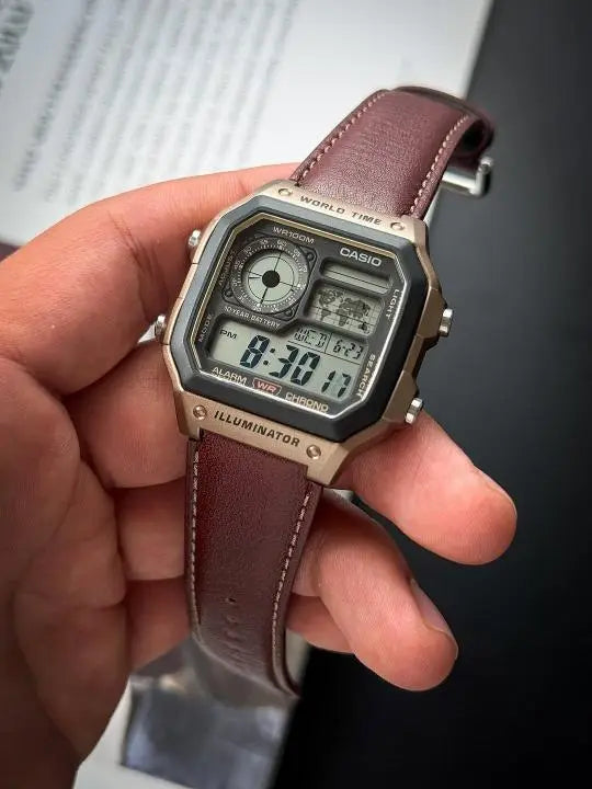 Vintage Style Digital Watch with Brown Strap & Bronze-Tone Case