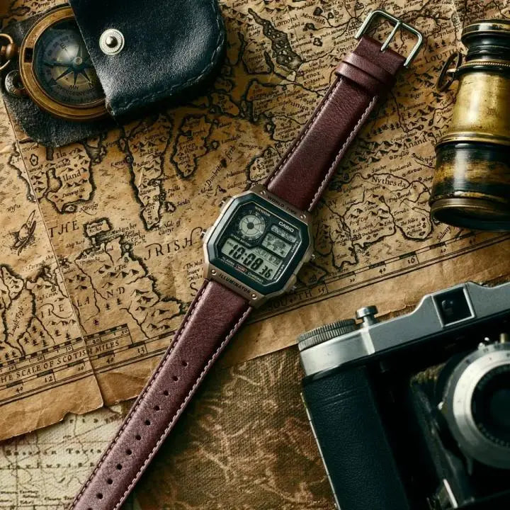 Vintage Style Digital Watch with Brown Strap & Bronze-Tone Case