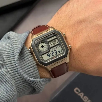 Vintage Style Digital Watch with Brown Strap & Bronze-Tone Case