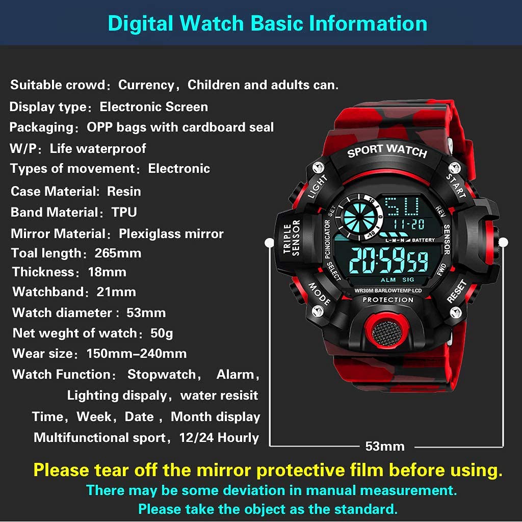 Red Camo Digital Sports Watch with Black Case For Kids