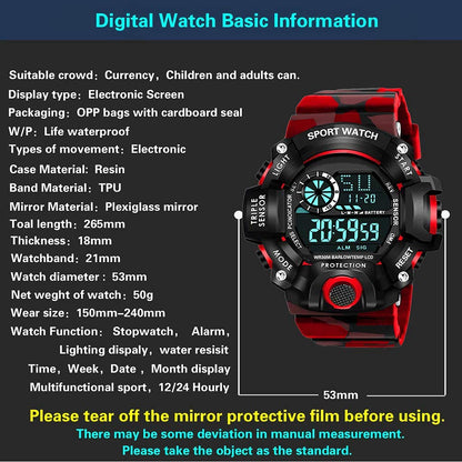 Red Camo Digital Sports Watch with Black Case For Kids