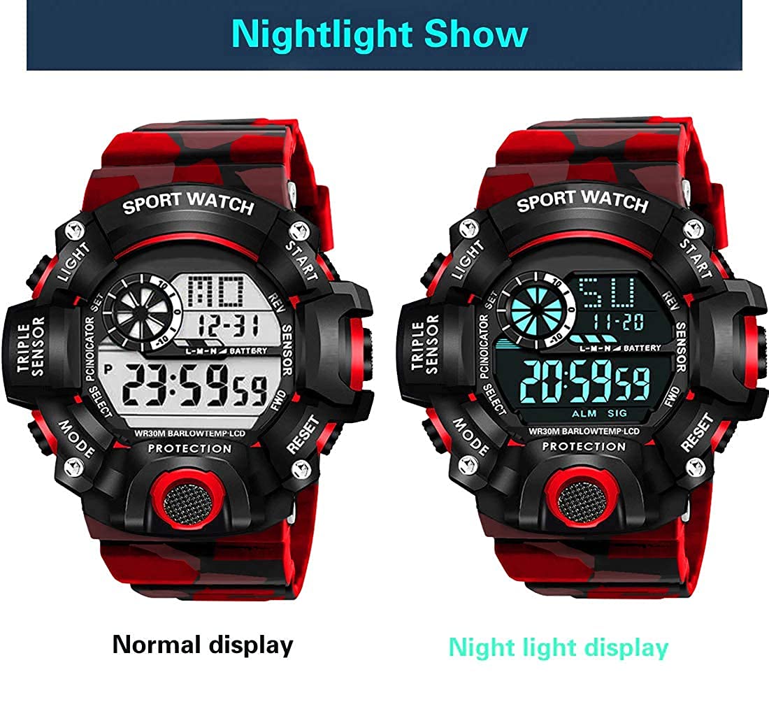 Red Camo Digital Sports Watch with Black Case For Kids