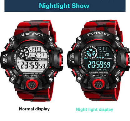 Red Camo Digital Sports Watch with Black Case For Kids