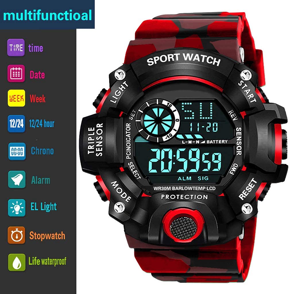 Red Camo Digital Sports Watch with Black Case For Kids
