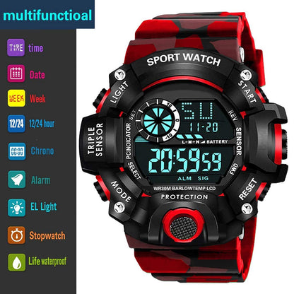 Red Camo Digital Sports Watch with Black Case For Kids