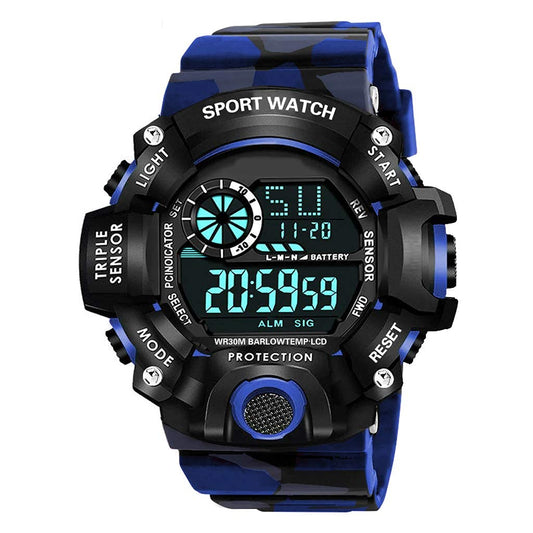 Blue Camo Digital Sports Watch with Black Case For Kids