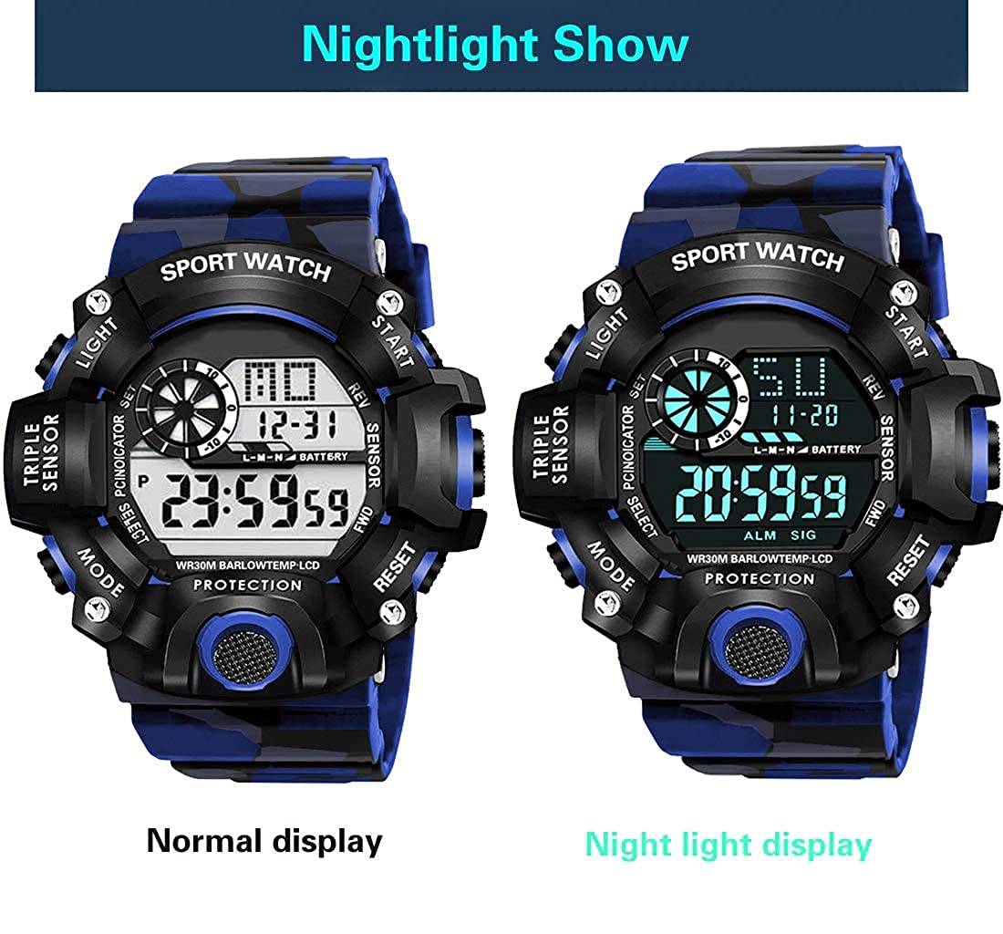 Blue Camo Digital Sports Watch with Black Case For Kids