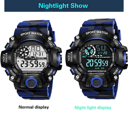 Blue Camo Digital Sports Watch with Black Case For Kids