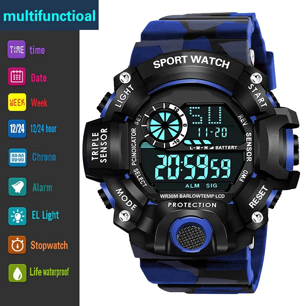 Blue Camo Digital Sports Watch with Black Case For Kids