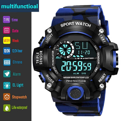 Blue Camo Digital Sports Watch with Black Case For Kids