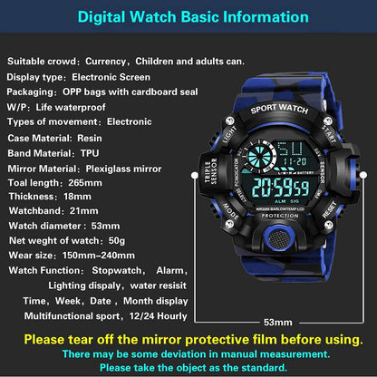 Blue Camo Digital Sports Watch with Black Case For Kids