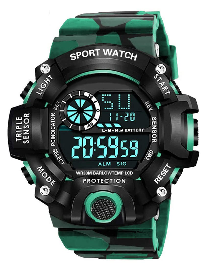 Green Camo Digital Sports Watch with Black Case For Kids