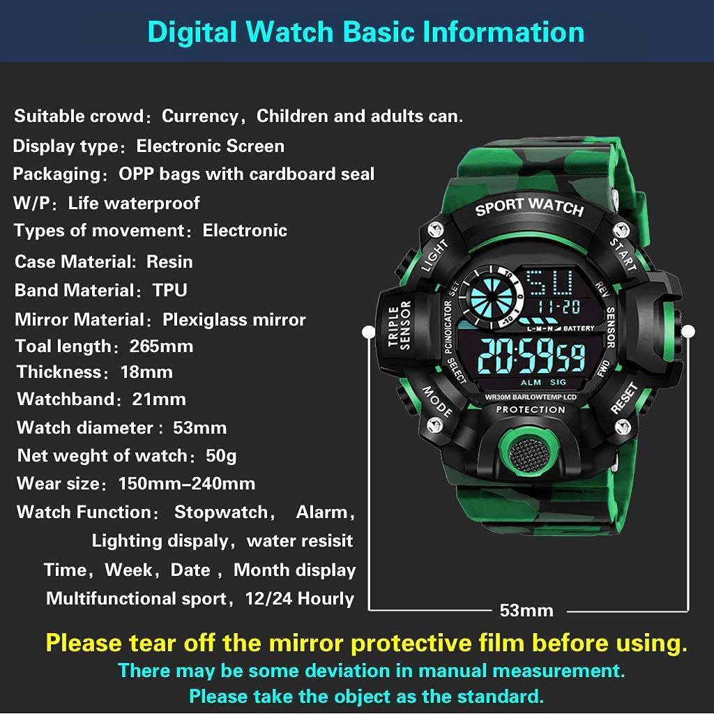 Green Camo Digital Sports Watch with Black Case For Kids
