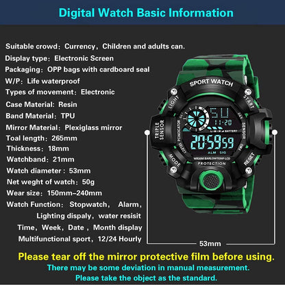 Green Camo Digital Sports Watch with Black Case For Kids