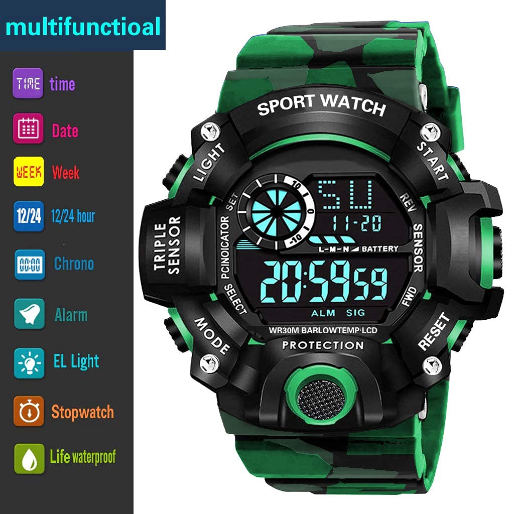 Green Camo Digital Sports Watch with Black Case For Kids