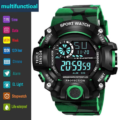 Green Camo Digital Sports Watch with Black Case For Kids