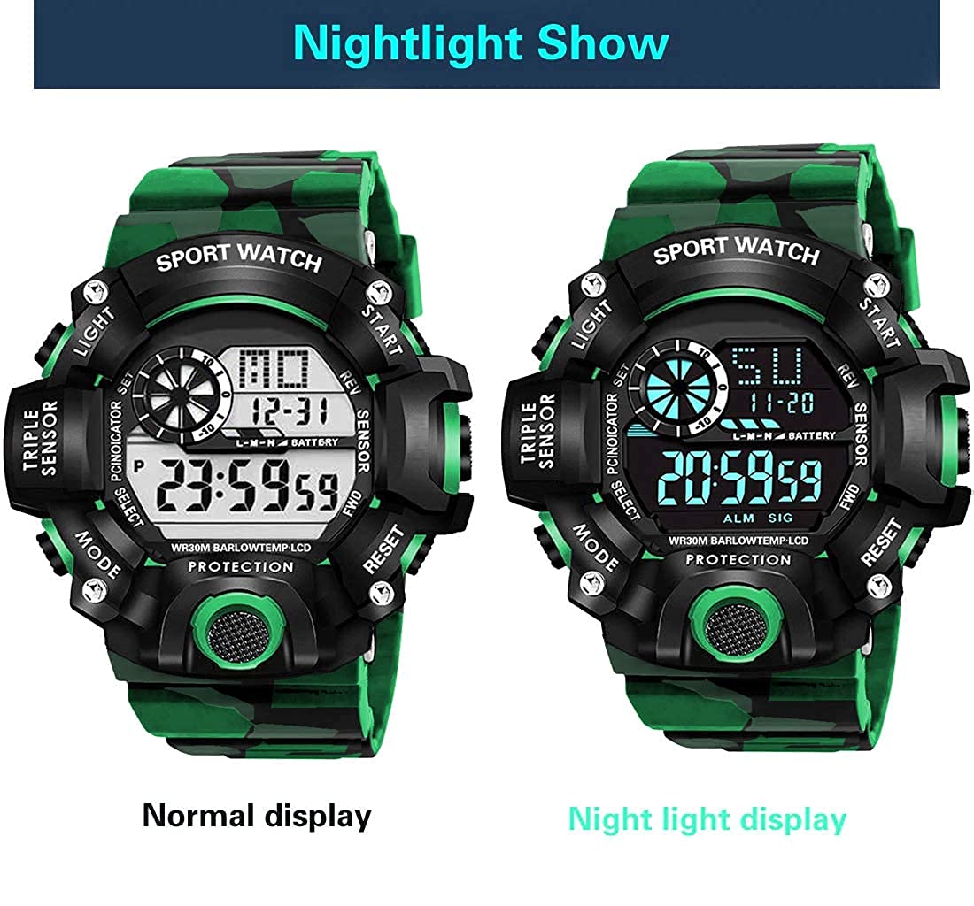 Green Camo Digital Sports Watch with Black Case For Kids