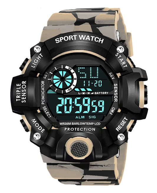 Grey Camo Digital Sports Watch with Black Case For Kids