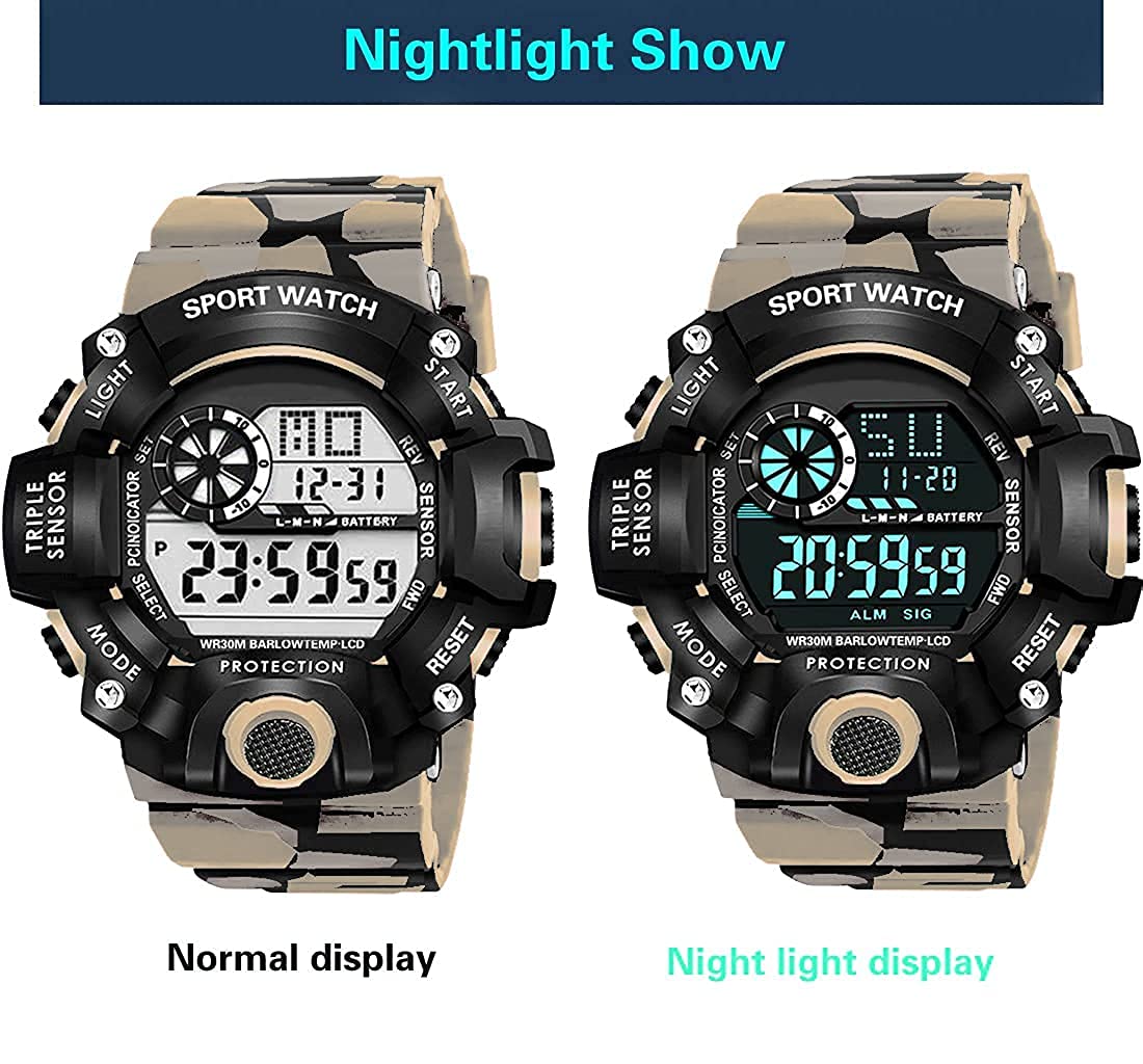 Grey Camo Digital Sports Watch with Black Case For Kids