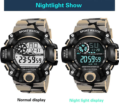 Grey Camo Digital Sports Watch with Black Case For Kids