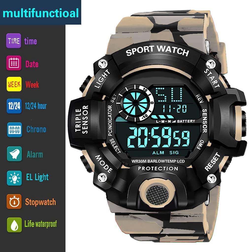 Grey Camo Digital Sports Watch with Black Case For Kids