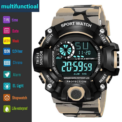Grey Camo Digital Sports Watch with Black Case For Kids