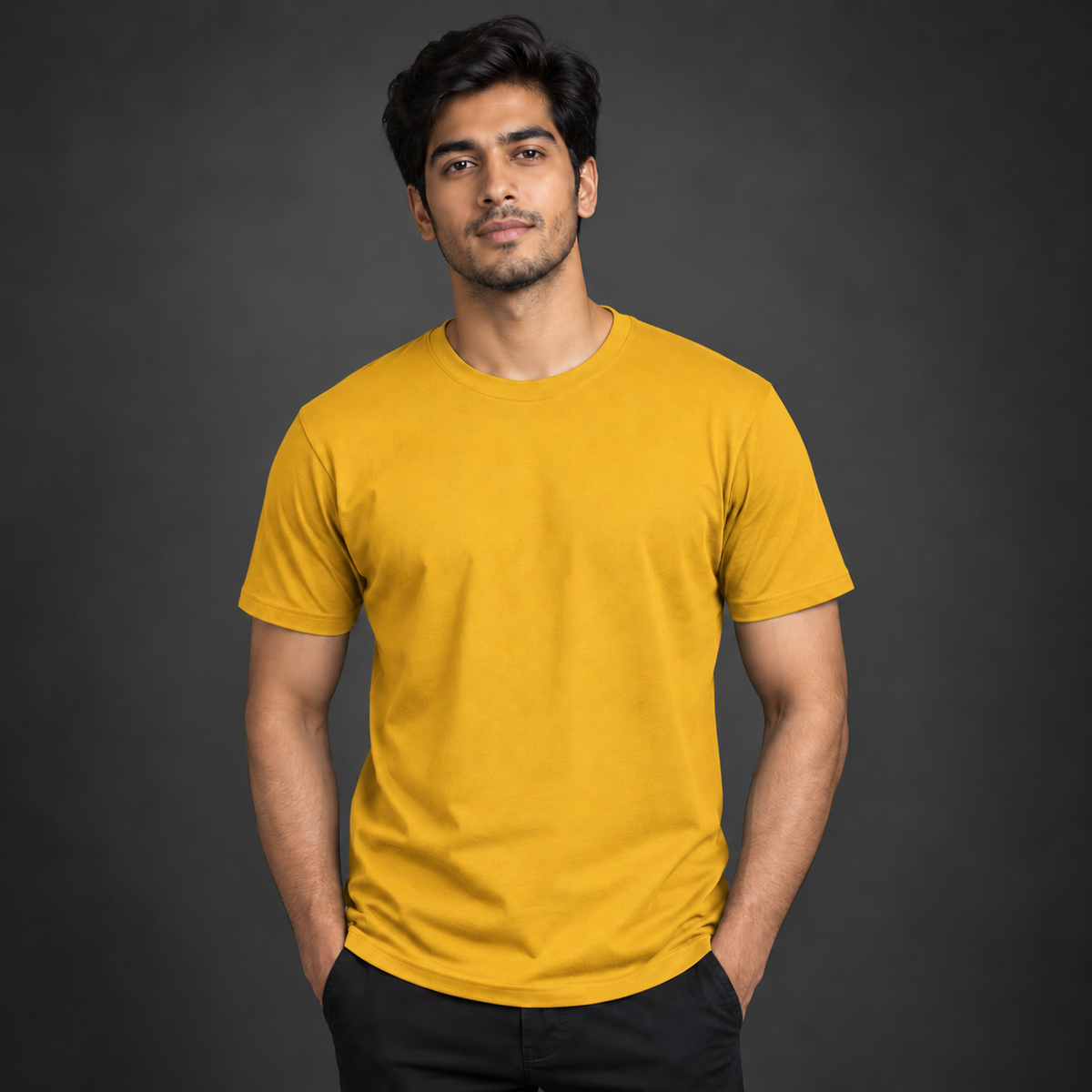 Men’s Premium Yellow Regular-Fit Round Neck T-Shirt
